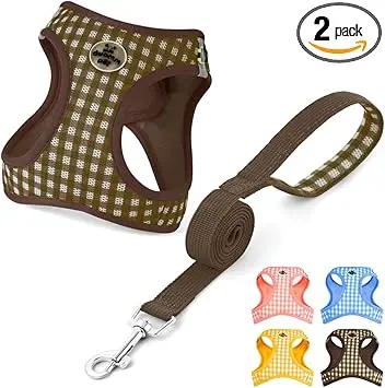 OFFCUP Arnés para Perro y Conjunto de Correa, Arnés Antitirones Reflectante Ajustable, Transpirable Malla Suave Arneses Chaleco para Perro Pequeños Gatos y Cachorros (Marrón, XS)