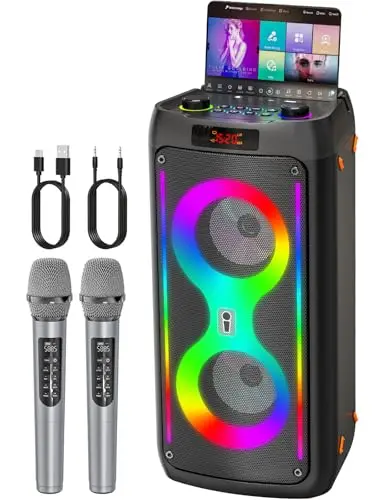 Máquina de Karaoke para Adultos, Altavoz Bluetooth Portátil con 2 Micrófonos inalámbricos, Sistema PA con Iuces de Discoteca para Fiestas Grandes, al Aire Libre, soporta USB/TF/Rec/AUX