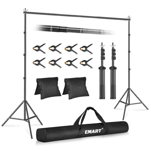 EMART 3m x 3m Kit de Sistema de Soporte de Fondo Ajustable con 8 Pinzas y 2 Bolsas de Arena para Retrato, Fotografía de Productos y Grabación de Video