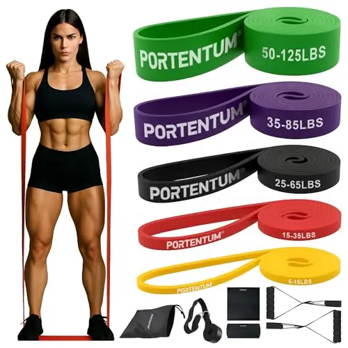 PORTENTUM Gomas elasticas musculacion – Set de Bandas de resistencia 4 o 5 niveles intensidad – Asas, anclaje puerta, fundas y bolsa – Gimnasio en casa hombres y mujeres – Fuerza Fitness Crossfit Yoga