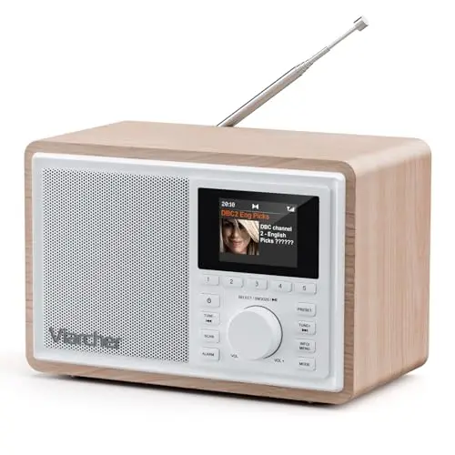 Radio Digital Dab/Dab+ y FM con Bluetooth, Alimentación de Red, Doble Alarma, Temporizador, 60 Presets, AUX IN, Jack Auriculares, Pantalla Color 2.4'', Radio Cocina, Blanco/Roble