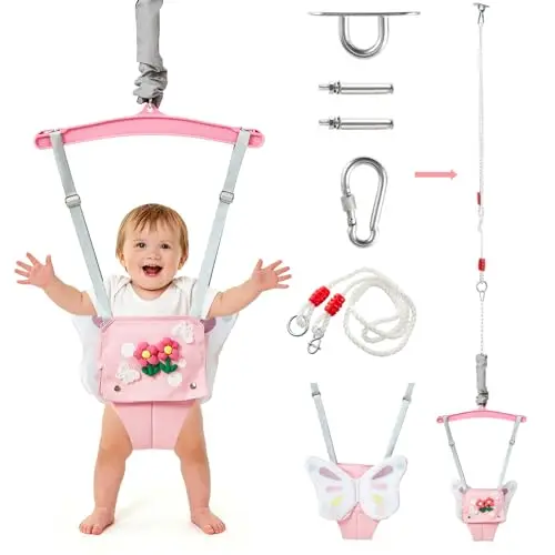 FUNLIO Baby Jumper con gancho de techo para 6–24 meses, saltador de puerta para interior y exterior, con cadena ajustable, fácil de montar y guardar (con gancho de techo) – Mariposa Rosa