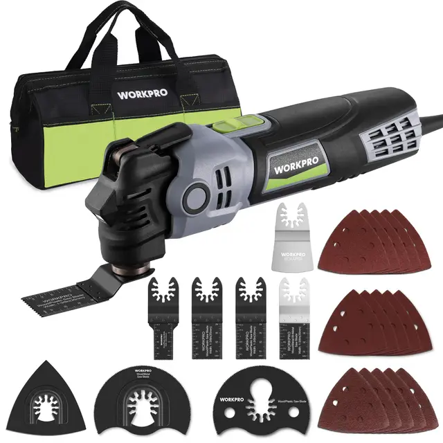 WORKPRO Herramienta Oscilante 400 W, Multiherramienta Eléctrica con 23 Accesorios y Bolsa, 6 Velocidades (15000–22000 RPM), Ángulo de Oscilación de 3,5°, Ideal para Cortar, Lijar y Raspado