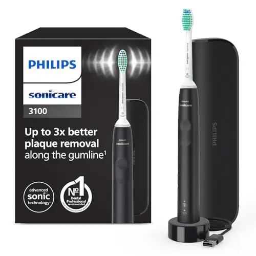 Philips Sonicare 3100, cepillo dental eléctrico, sónico, sensor de presión y temporizador, estuche de viaje, negro, HX3673/14, Negro