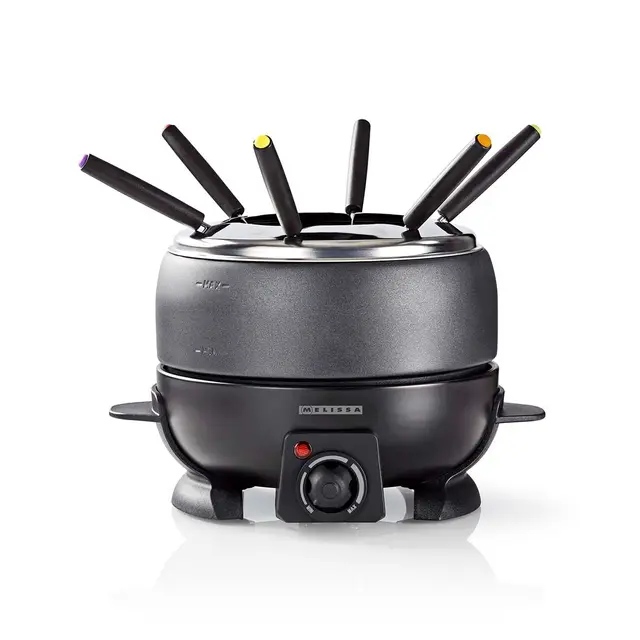 Melissa Set de Fondue - Eléctrico, 2,3 L de capacidad, 800W - 6 tenedores de colores - Antiadherente - Temperatura ajustable - Asas de tacto frío - Para 6 personas