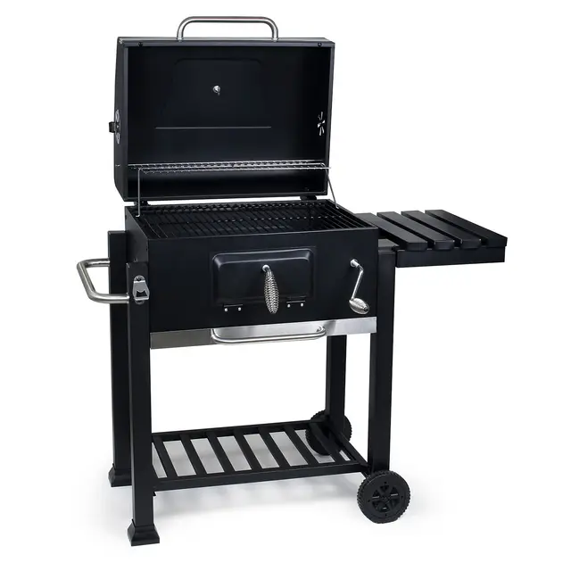 Wiltec Barbacoa carbon vegetal móvil con tapa, estante, trampilla, altura de brasas regulable, termómetro, grill asador parrilla BBQ