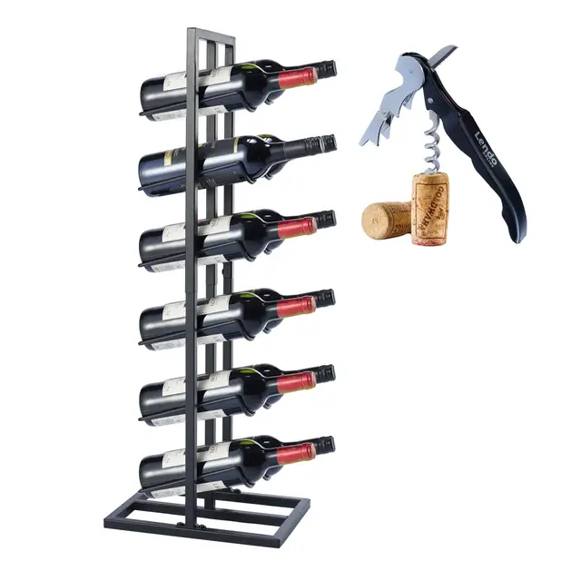 Botellero para botellas 6 o 12 - Gabinete de vino - Portabotellas de vino - Almacenamiento de vinos con sacacorchos - Negro - Recubrimiento en polvo Metal Acero Botelero Estilo industrial