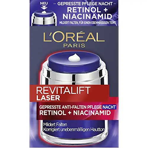 L'Oréal Paris Crema de noche prensada antiarrugas para una piel uniforme y arrugas reducidas en 14 noches con retinol y niacinamida, RevitaLift Laser X3, Crema de noche antiarrugas prensada 50ml