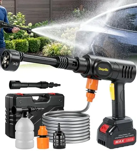 DeeprBlu Hidrolimpiadora de Alta Presion Bateria, 45Bar Limpiador de Alta Presión con Batería 5.0Ah, Boquilla Ajustable 6-en-1 y Lanza de Espuma, Hidrolimpiadora Portátil para Coche, Jardín y Suelos