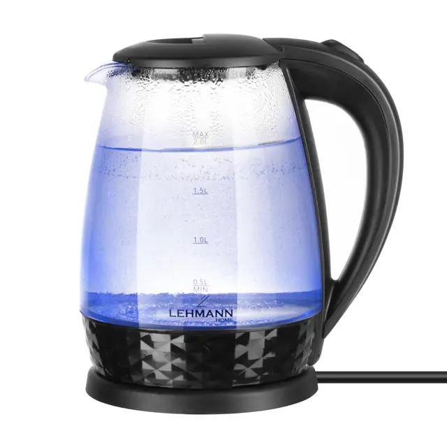 Lehmann LHOEK-2220C Hervidor eléctrico de vidrio para cocina, 2 L, 2200 W, hervidor eléctrico de vidrio, hervidor de agua con tanque iluminado y pedestal decorado, cocción rápida y gran capacidad