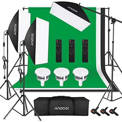 Andoer Kit de Iluminación de Estudio Fotográfico, Sistema de Soporte de Fondo de 2M x 3M con Softbox, Bombillas, Soporte de luz, Brazo articulado, Control Remoto, Abrazadera, Transporte