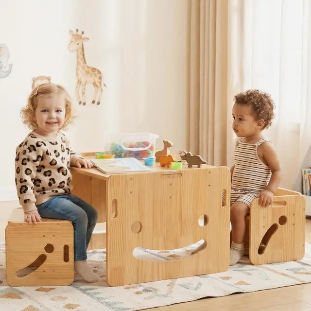 FUNLIO Set de Mesa y Dos Silla Montessori para Bebés de 1-3 años, Ajustable en Altura, Ideal para Leer/Comer/Jugar, Fácil de Montar, Certificado CPC - Mesa Cuadrada
