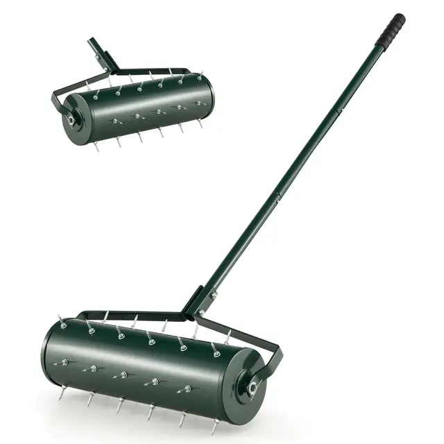 COSTWAY Rodillo Aireador de Césped Enrollable, Herramienta de Césped con Mango Desmontable de 130cm y Púas para Aflojar el Suelo, para Jardín, Patio, Fácil de Montar (52cm)