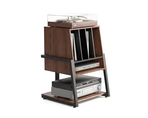 FITUEYES Design Mueble HiFi para Tocadiscos, fabricado en Madera y Metal, ofrece almacenamiento para 120 discos y está diseñado para sistemas compactos en salones y salas de música