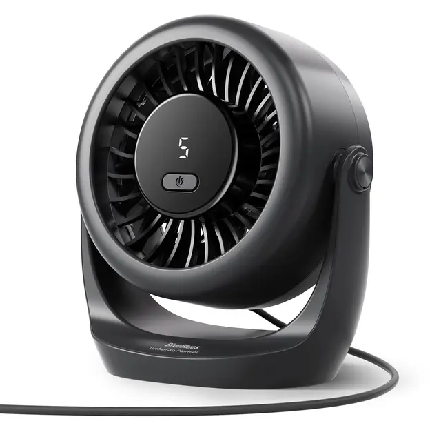 Diveblues Ventilador USB de mesa, potente hasta 6 m/s, pantalla LED, 5 velocidades, rotación de 360°, mini ventilador silencioso, portátil para casa, oficina, exteriores, cocina y camping-TurboBreeze