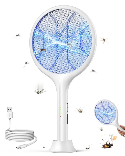 VIWAVE Raqueta Mosquitos Electrica 4000V, Matamoscas Electrico Recargable USB-C 1800mAh con Luz UV, Raqueta Antimosquitos 2 en 1 con Base Estable, Malla de Seguridad de 3 Capas, Blanco
