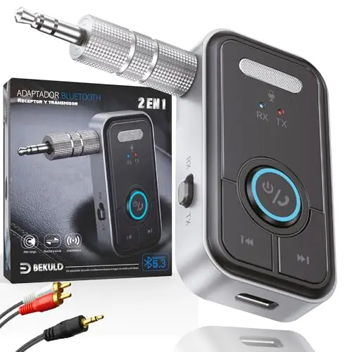 Super Pack Receptor Bluetooth y Transmisor Bluetooth 5.3 Jack 3.5 + RCA | Adaptador Bluetooth Coche AUX y TV | Manos Libres Coche Bluetooth HD, Baja latencia, batería 12h