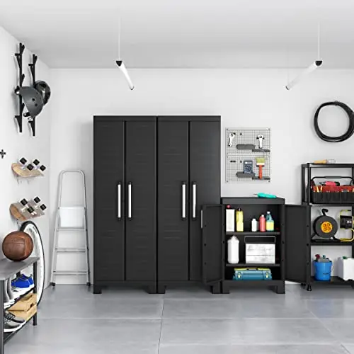 Keter Armario Detroit Bajo|Amario Bajo de almacenaje|Resina|2 Puertas y 2 baldas Regulables en Altura|Color Negro|182 x 65 x 45 cm