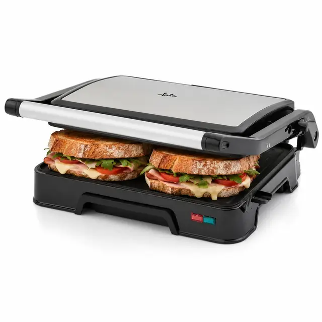 JATA JEGR1124 - Parrilla eléctrica y grill con placas rayadas antiadherentes de 23 x 14,5 cm. 1000 W. Cocina todo tipo de alimentos. Tapa superior basculante. Apertura 180º. Clip de cierre