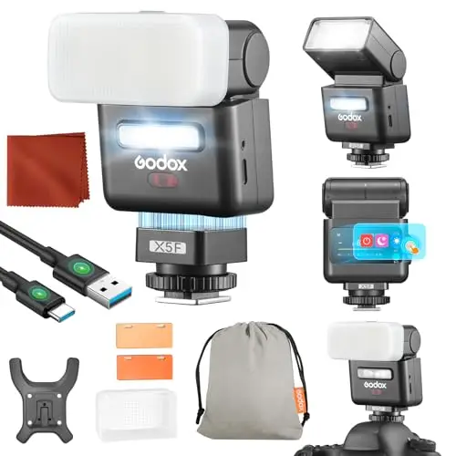 Godox IT32 para Fujifilm Cámara Flash IT32 TTL Mini Flash con X5F Disparador Flash Difusor HSS 2.4GHz Sistema X GN18 Flash Cámara Pantalla Táctil Reflector Integrado Luz LED Filtro de Color Magnético