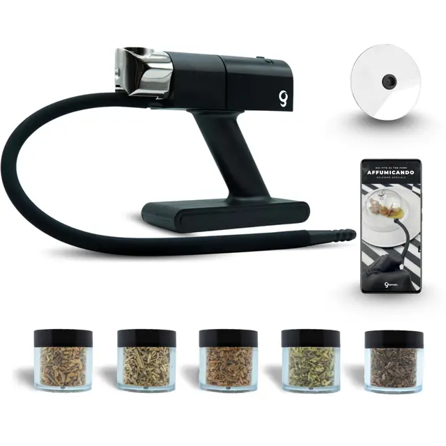 Fumus - Ahumador de Alimentos Profesional - Ahumador de Carne + 5 Sabores Chips de Virutas Europeo Incluidos - – Cocktail Smoker Kit con Disco para Cócteles + Recetario Digital