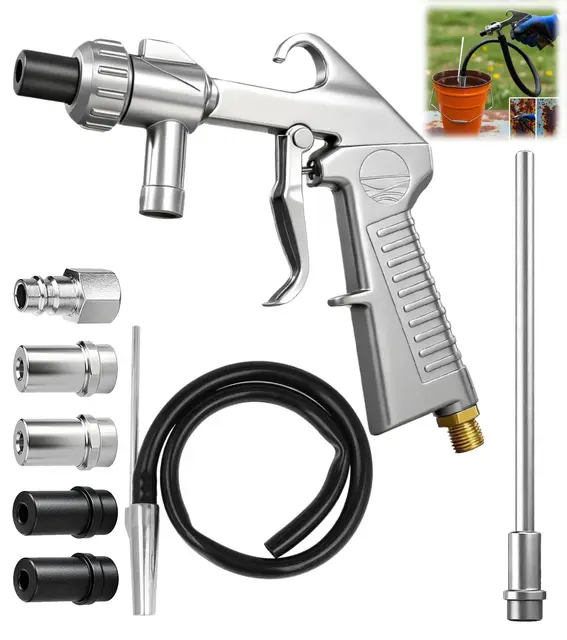 Juego de pistola chorro de arena con boquilla larga, calibre 5 mm/6 mm, transportador de succión, manguera de goma de 1 m, conexión de entrada de aire, desengrasante y agente de limpieza