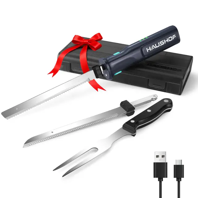 HAUSHOF Cuchillo Eléctrico 8V - Cuchillo de Cocina Inalámbrico, 2 Hojas de Acero Inoxidable, Tenedor Incluido, Apto para Lavavajillas, con Caja de Almacenamiento, Ideal para Carne, Pan, Jamón y Queso