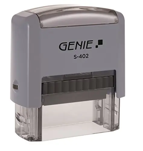 Genie S-402 - Juego de sellos autoentintados (hasta 4 líneas; personalizable; incluye accesorios; almohadilla de tinta), color negro y gris