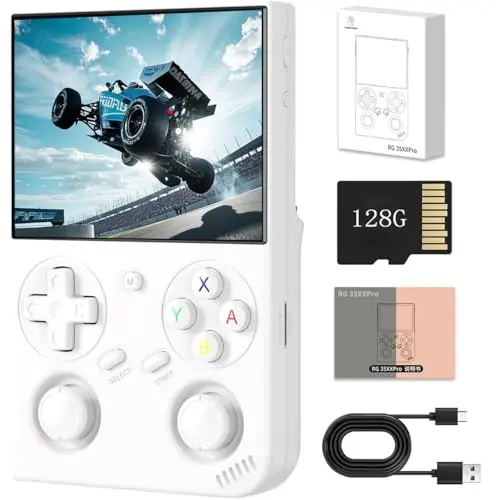Consola de juegos portátil retro RG35XX Pro, pantalla IPS de 3,5 pulgadas, tarjeta de 64 GB integrada y 5000 juegos, compatible con Linux, Wi-FI y Bluetooth. Blanco (128G)