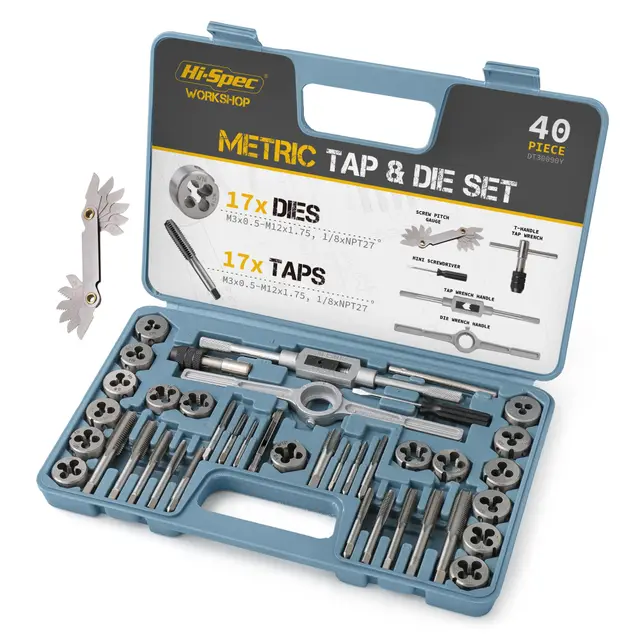 Hi-Spec Juego de Terrajas y Machos de 40 Piezas. Troqueles Métricos, Grifos y Manijas de LLave. Juego de Herramientas Manuales para Cortar, Roscar, y Moldear Tuercas, Pernos, Tornillos, Bujias, y Mas