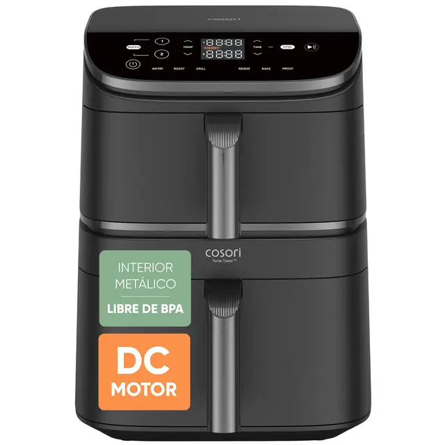 Cosori Air Fryer Turbo Tower Grande 10,8 Litros, Freidora de Aire con Doble Cesta Vertical para Ahorrar Espacio, Airfryer de Turbo Blaze, Multifunción 6 en 1, Recetas en App, Fácil de Limpiar, 2630W