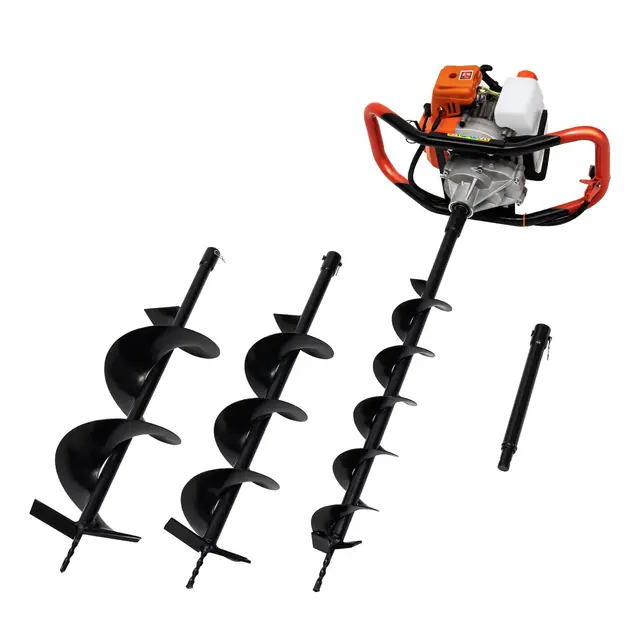 Ahoyadora Gasolina 52CC, 2 Tiempos, 2,4CV 1460W Taladro de Tierra 8500/rpm con Depósito de Combustible de 1,2L, 3 Auger (100, 150, 200 mm), Barra de Extensión 30 cm