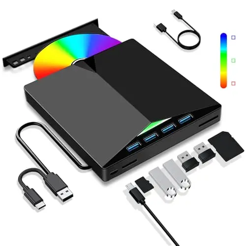 Lector CD Externo para PC, Superdelgado Grabadora DVD Externa Unidades USB 3.0 y USB-C Portátil -RW/ROM Estable para Laptop, Desktop, Windows XP/7/8/10/11/Vista/Linux/MacOS
