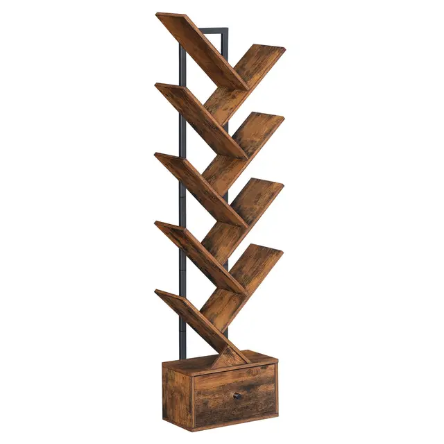 HOOBRO Librería en Forma de Árbol, Libería de Pie con 9 Niveles, Organizador de Libros, Estantería para CD/DVD/Libros, Estilo Vintage, para Salón, Dormitorio, Estudio, Marrón Vintage EBF18SJ01G1
