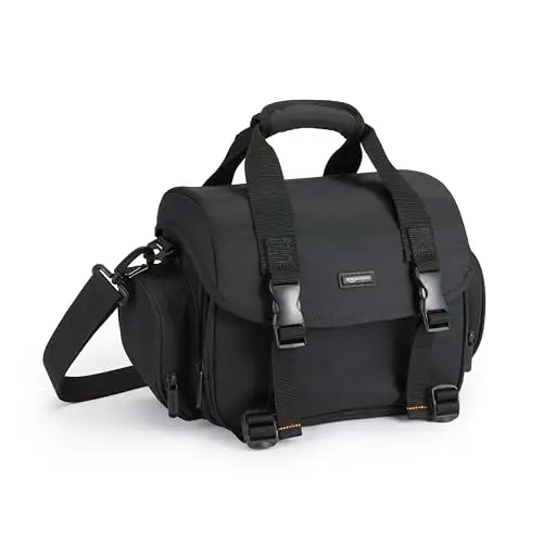 Amazon Basics Bolsa de Hombro para Cámara SLR y Accesorios, Grande, Correa Ajustable, Impermeable, Antichoque, Sólido, Acolchado - Negro/Gris