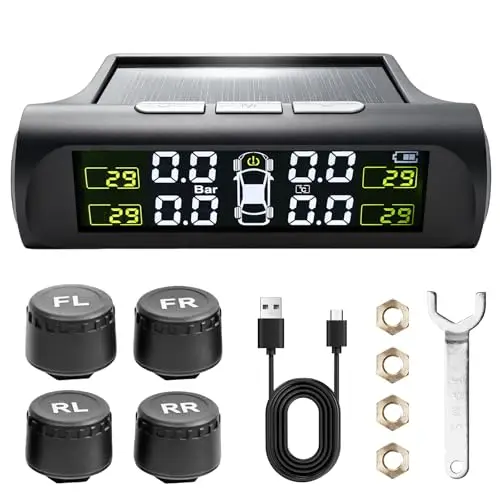 GBKDQQ TPMS Sistema de Control de Presión de Neumáticos, 4 Sensores Externos, Alarma de Temperatura y Vehículo, Sistema de Control de Presión de Neumáticos Solar Sistema de Control de Presión de