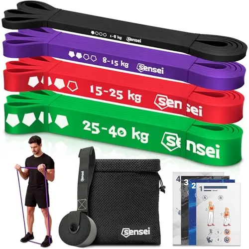 SENSEI Set de Bandas Elásticas Musculación – Cintas de Resistencia para Entrenamiento y Gimnasio – Incluye Bolsa y E-Book