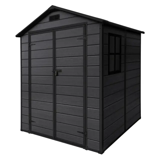 ECD Germany Caseta de Jardín con Suelo, 5m³ 151x182x220 cm, Gris Oscuro, Cobertizo Exterior de Plástico para Almacenamiento de Herramientas, con Tejado en Dos Aguas, Puerta y Ventana de Ventilación