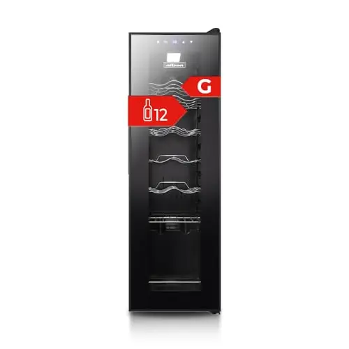 Nilson Vinoteca 12 Botellas Negro, NVN1200S. Cíclica, 44 dB Nivel Sonoro, Zona Única de Temperatura, Pantalla Digital, Luz Interior LED, Puerta Cristal, Apertura Tipo Uñero, Eficiencia Energética G