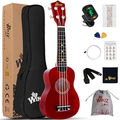 Winzz Ukelele Soprano Starter Kit para Principiante. Incluye: Funda, Afinador, Cuerdas Extra, Correa Ajustable, Púas, Pegatinas de notas, Guía de Acordes y Paño de pulido. Color: Marrón