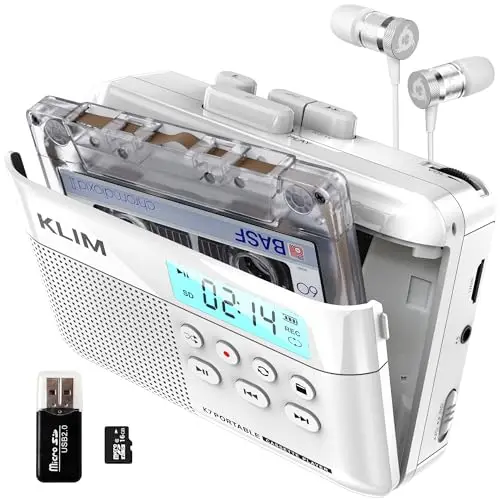 KLIM K7 Reproductor Cassette - Conversor de Cassette a MP3 - Player Portátil con Micrófono y Altavoz Integrados - Batería Recargable - Auriculares - Tarjeta SD 16 GB - Blanco