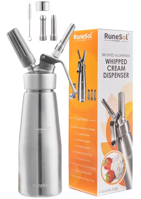 Runesol Sifón de Cocina Profesional Aluminio 500ml, Sin Fugas, 3 Boquillas de Acero Inoxidable, Sifon Cocina para Espumas, Facil de Usar Sifones de Cocina para Postres y Nata Montar, Siphon de Espuma