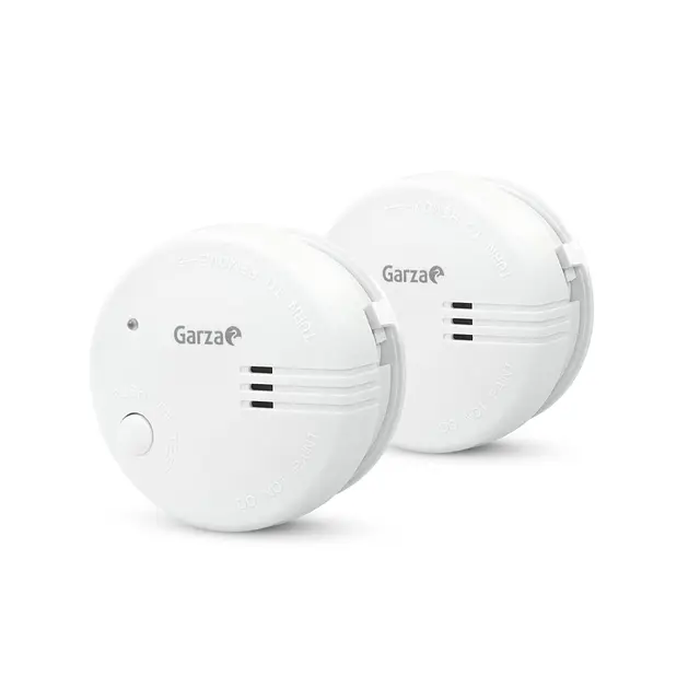 Garza - Pack de 2 Detectores de Humo Mini, Diseño Ultracompacto, Sensor Fotoeléctrico, Alarma 85dB, Batería 9V Incluida, Instalación sin Cables, Indicador LED y Botón Test