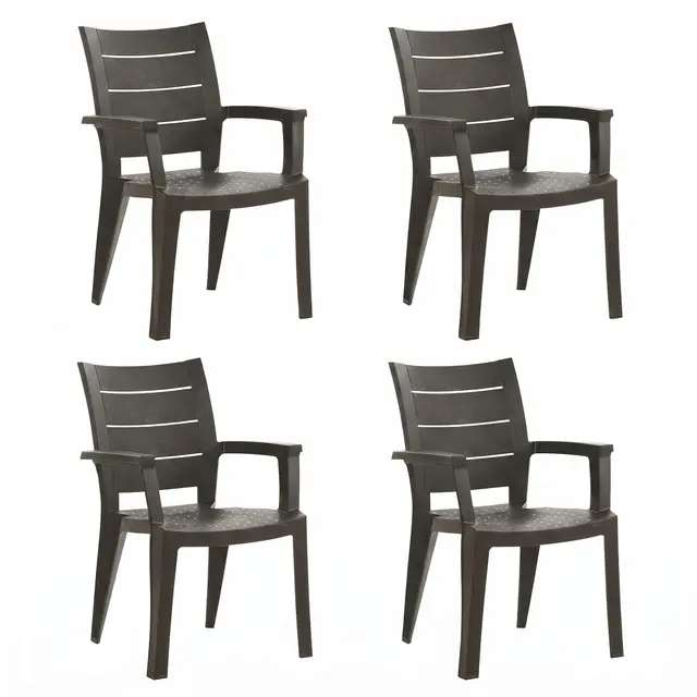 SHAF - Pack 4 Sillas de Jardín Apilables– Exterior Terraza y Catering – Plástico Reciclado Resistente UV – Diseño Ergonómico – Modelo Legno con Textura de imitación a Madera – Antracita