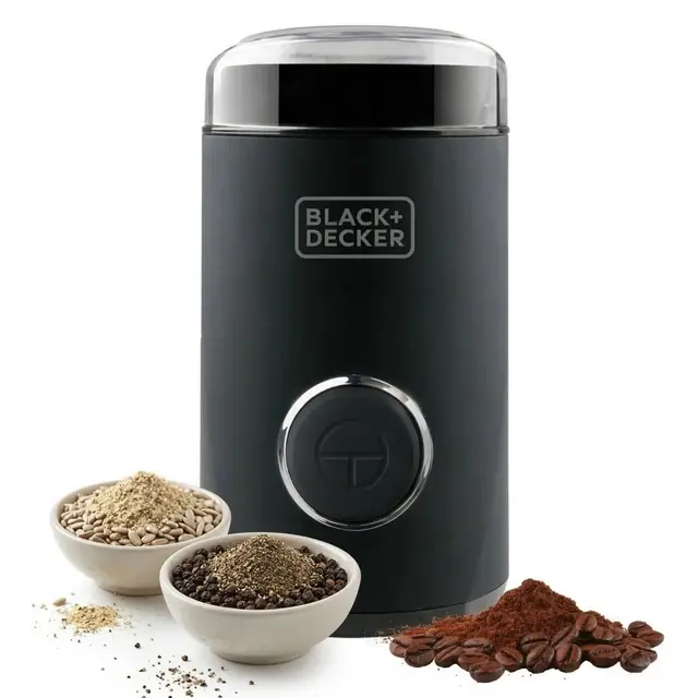 BLACK+DECKER BXCG150E - Molinillo de Café | Eléctrico 150W | 12 Tazas Café | Café y Especias | Depósito Granos 50g | Compacto | Cuchillas y Depósito Acero Inox | Tapa Transparente | Recogecable