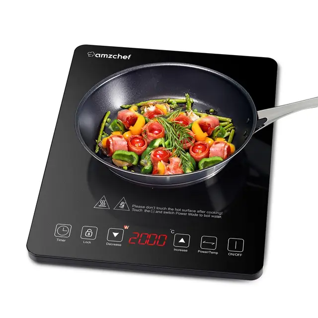 Placa Inducción Portatil AMZCHEF, placa de inducción de 2000 W con con diseño ultrafino, 20 niveles de temperatura y 20 ajustes de potencia, cronómetro de 3 horas, cerradura de seguridad, negro