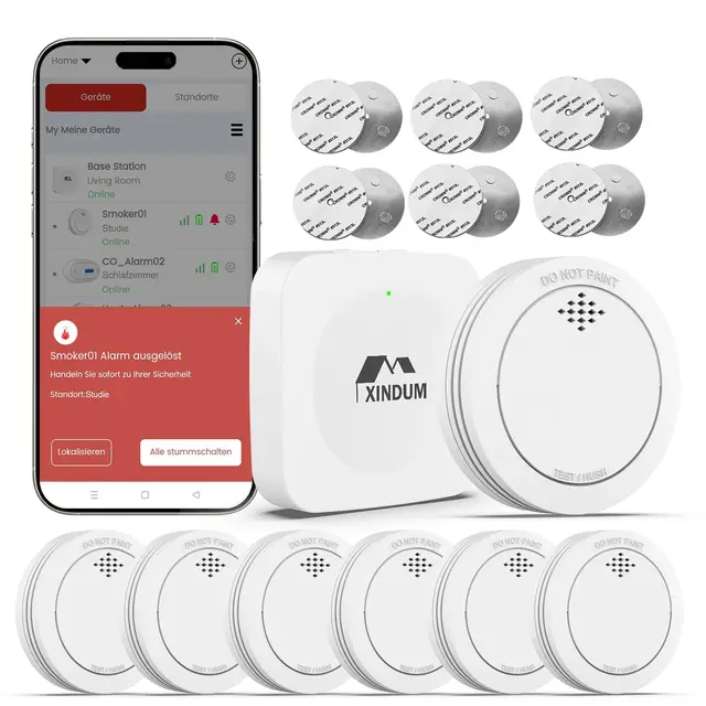 Detector de Humo WiFi, 10 años interconectado Detector de Incendios Smart Conforme a EN14604, con batería reemplazable, sin Parpadeo LED, Compatible con la aplicación XINDUM, 6 Unidad