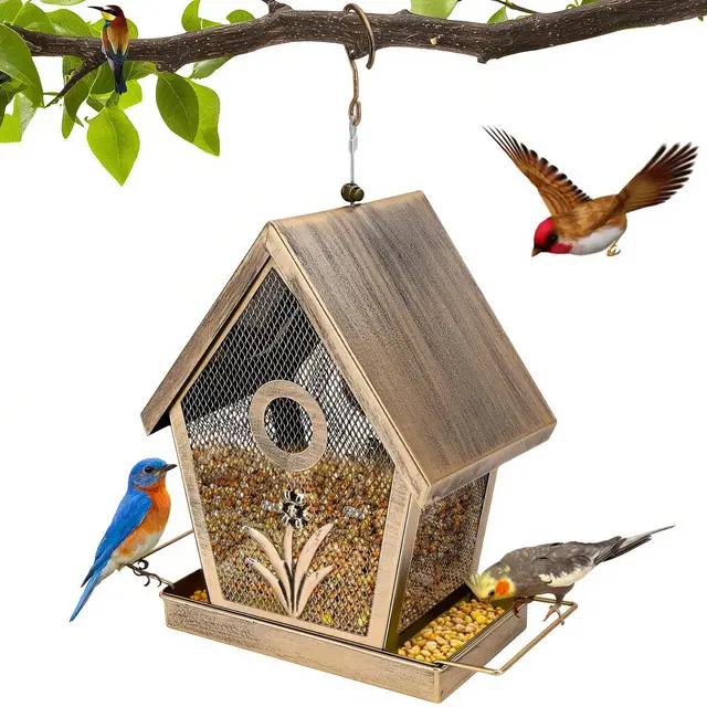 Comedero metálico para Pájaros Casita Colgante para Pájaros Silvestres Comedero Resistente a La Intemperie Pequeño con Capacidad de 1,1 Kg, Ideal para Jardines, Patios y Patios Traseros