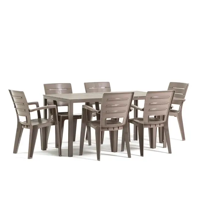 Conjunto jardín exterior mesa y sillas para 6 personas, mesa rectangular de acero con listones de polietileno efecto madera, 6 sillas apilables de resina - Thomas & Anita (Tórtola)