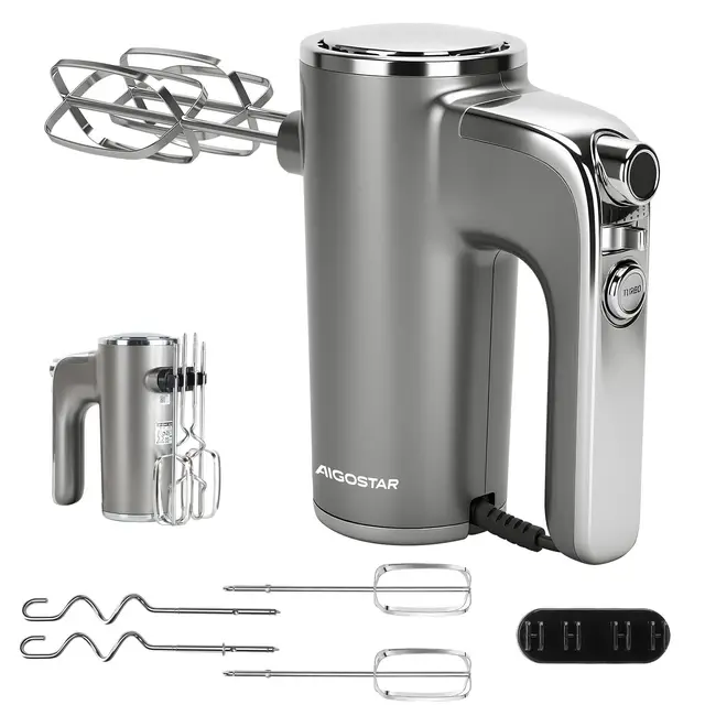 Aigostar Batidora de Varillas 400 W con 5 Velocidades y Función Turbo, 2 Varillas y 2 Ganchos, Batidora Amasadora Reposteria de acero inoxidable, Soporte de Almacenamiento. Adela